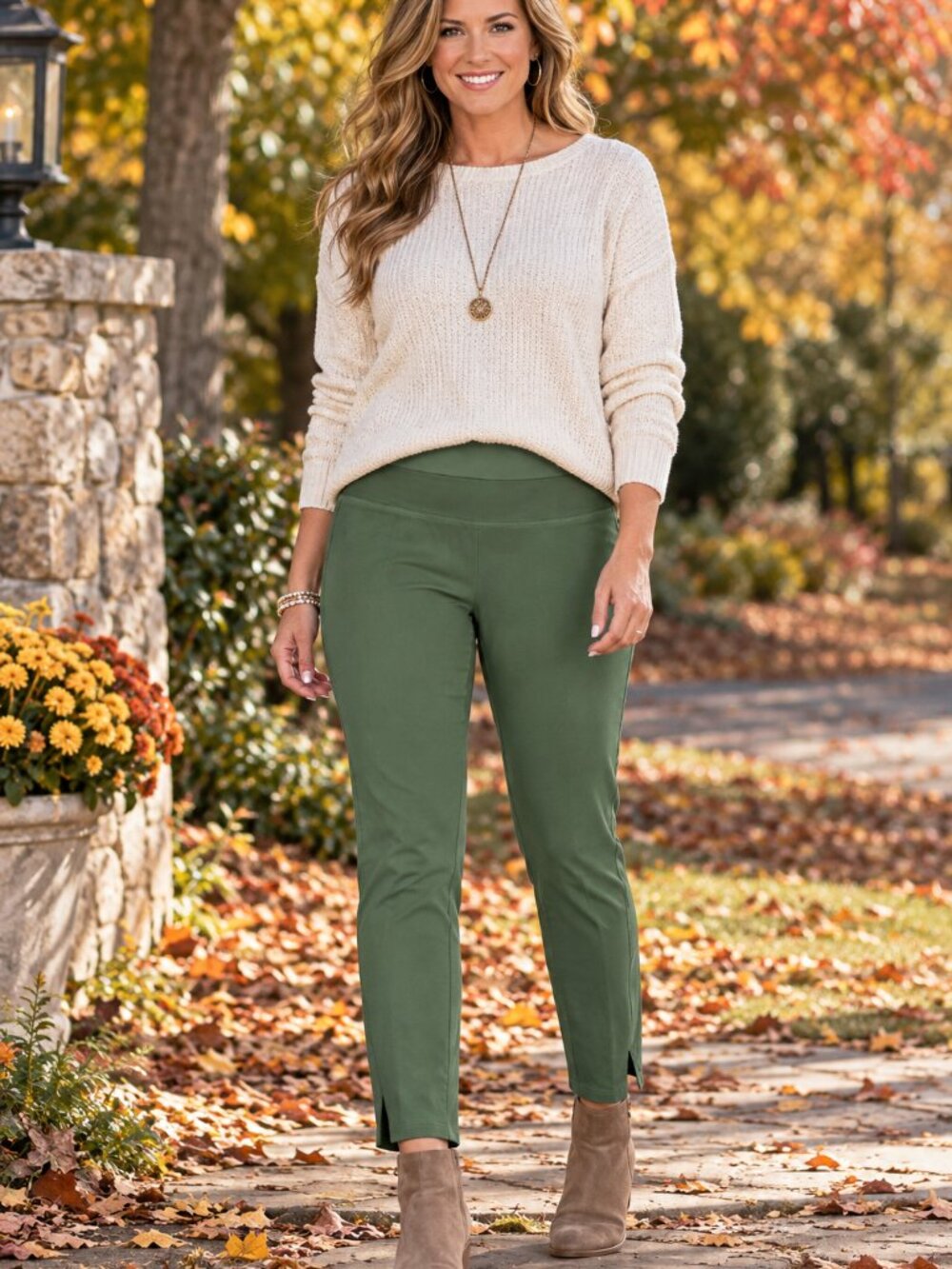 WOMEN WITH CONTROL Green Pants Prime Stretch Denim Straight Leg Ankle NWOT L
